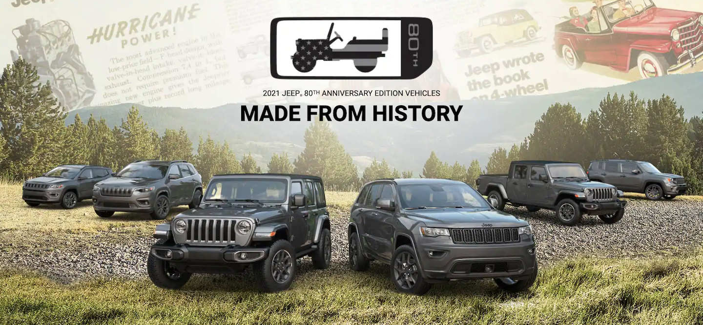All of the different Jeep 80th Anniversary models.
